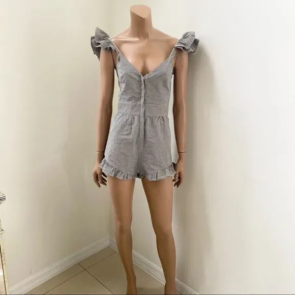 NEW LOVESHACKFANCY Revole Lucy black and white gingham ruched back romper 0